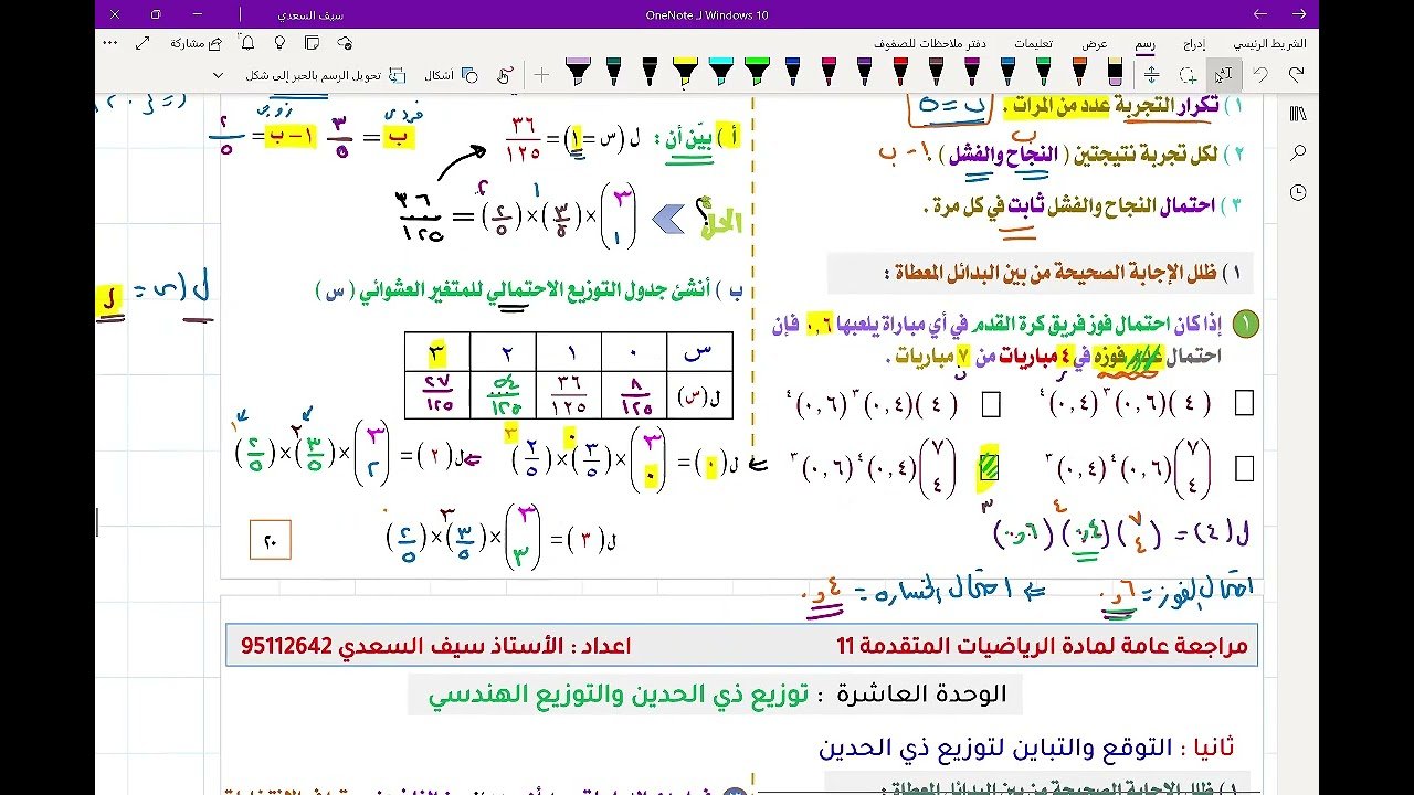 مراجعة عامة لمواضيع الوحدة العاشرة : توزيع ذي الحدين والتوزيع الهندسي